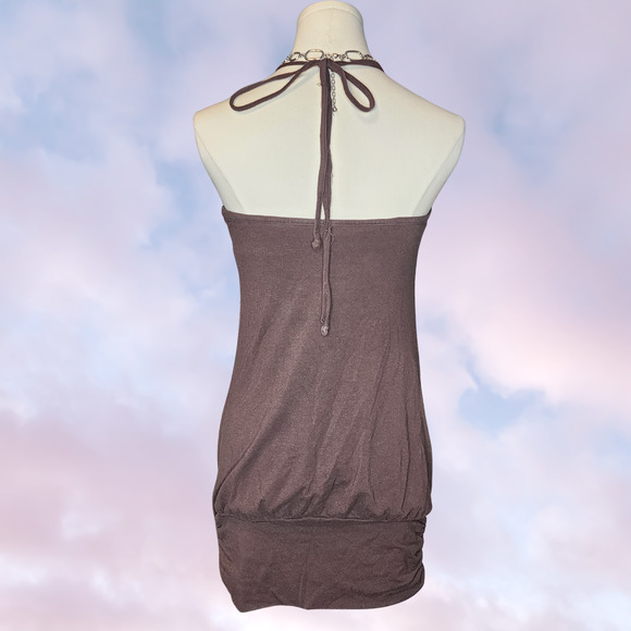 Vtg Y2k Moda Intl Brown Beach Cover Up Preppy Halter Mini Short Dress Top Sz M - Picture 4 of 6
